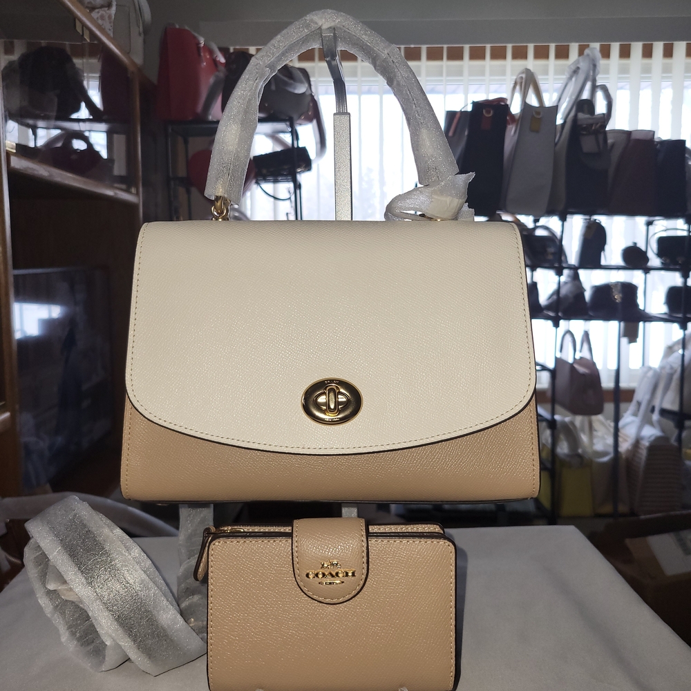 Coach Tilly Top Handle Satchel In Colorblock Taupe/Chalk + Wallet
